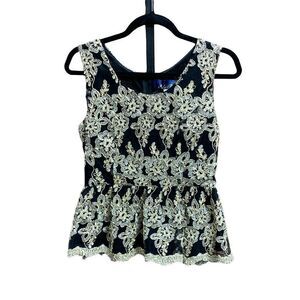 Blue Rain Black & Gold Embroidered Peplum Top Size Medium